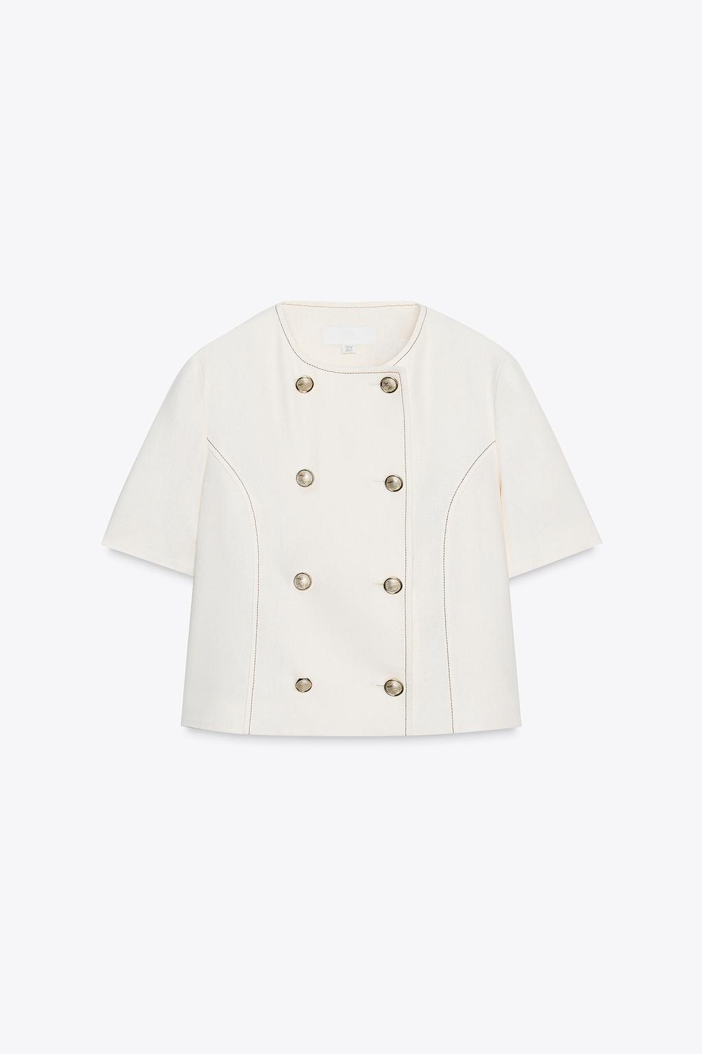 ENSEMBLE BLAZER MANCHES COURTES AVEC LIN | PANTALON DROIT AVEC LIN SURPIQÛRES CONTRASTE