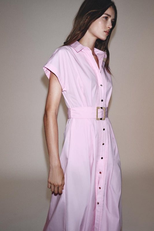 ROBE MIDI EN POPELINE AVEC CEINTURE