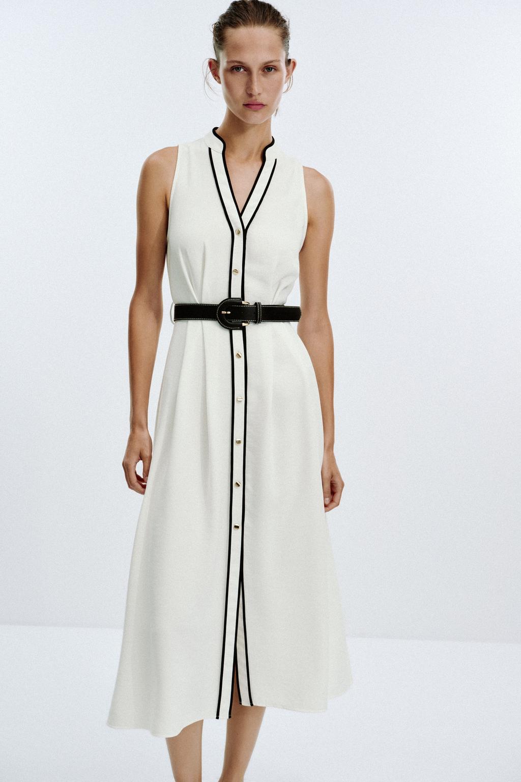 ROBE MIDI LISERÉS CONTRASTANTS CEINTURE