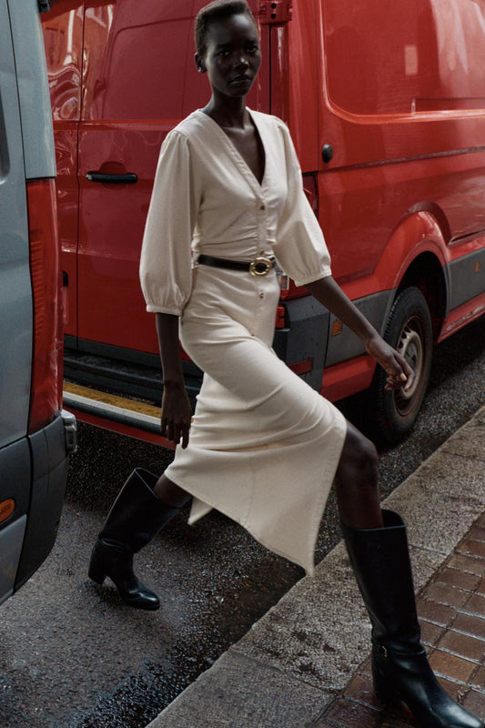 ROBE MIDI MANCHES BOUFFANTES CEINTURE