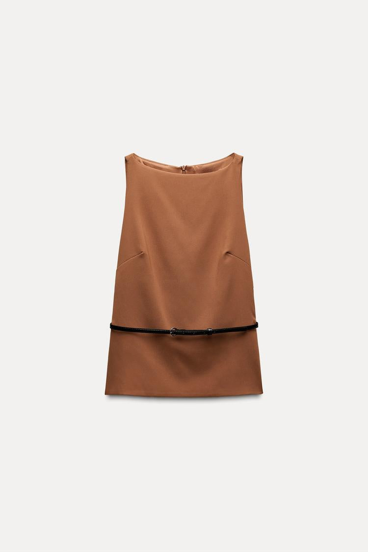 STRETCH TOP WITH BELT TOFFEE