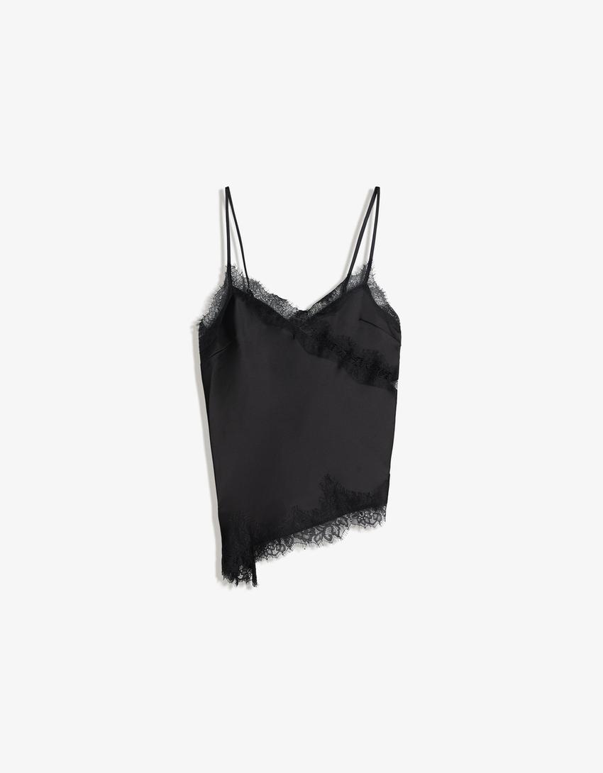 TOP À BRETELLES EN SATIN DENTELLE ASYMÉTRIQUE