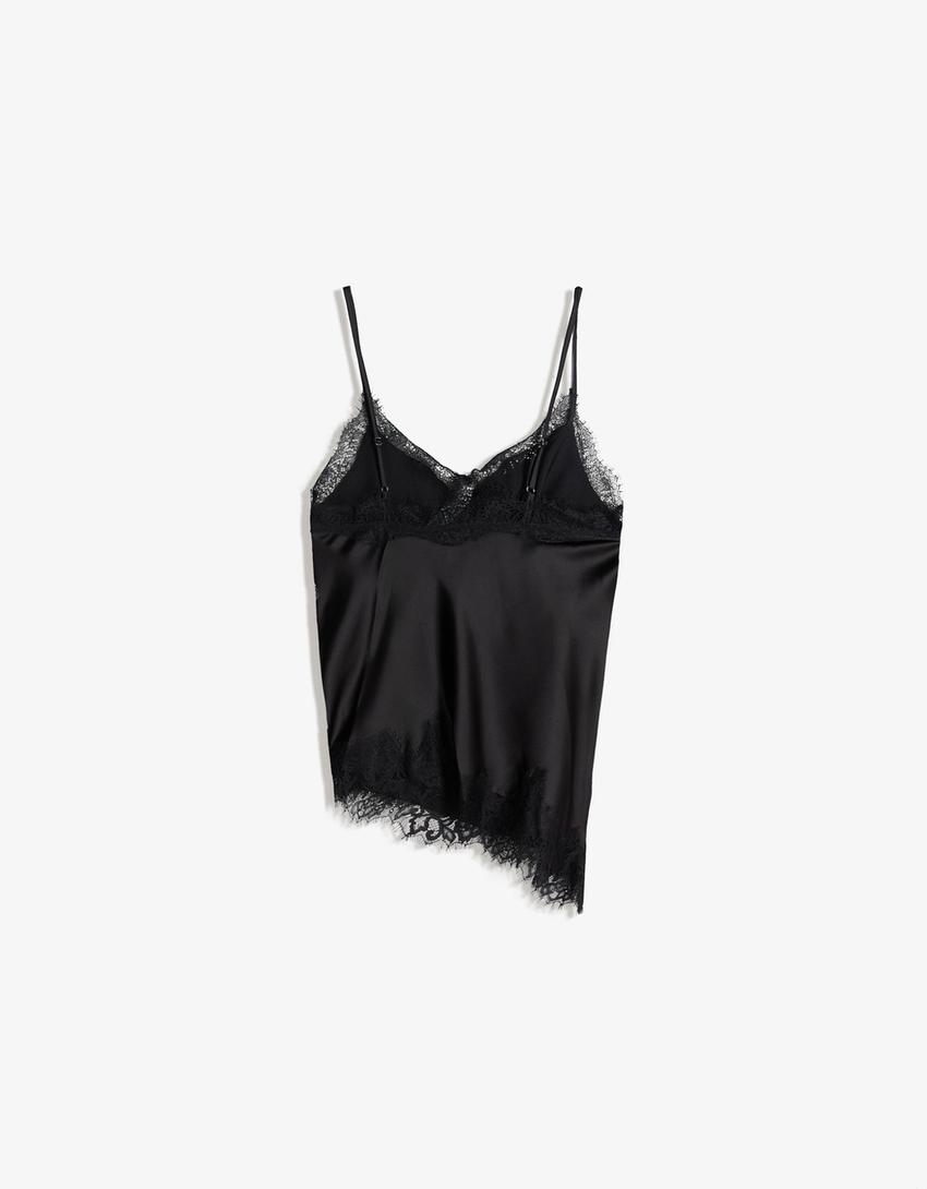 TOP À BRETELLES EN SATIN DENTELLE ASYMÉTRIQUE