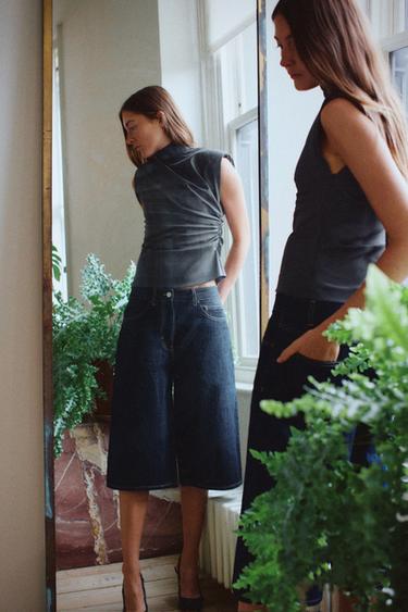 Short en jean coupe large taille mi-haute