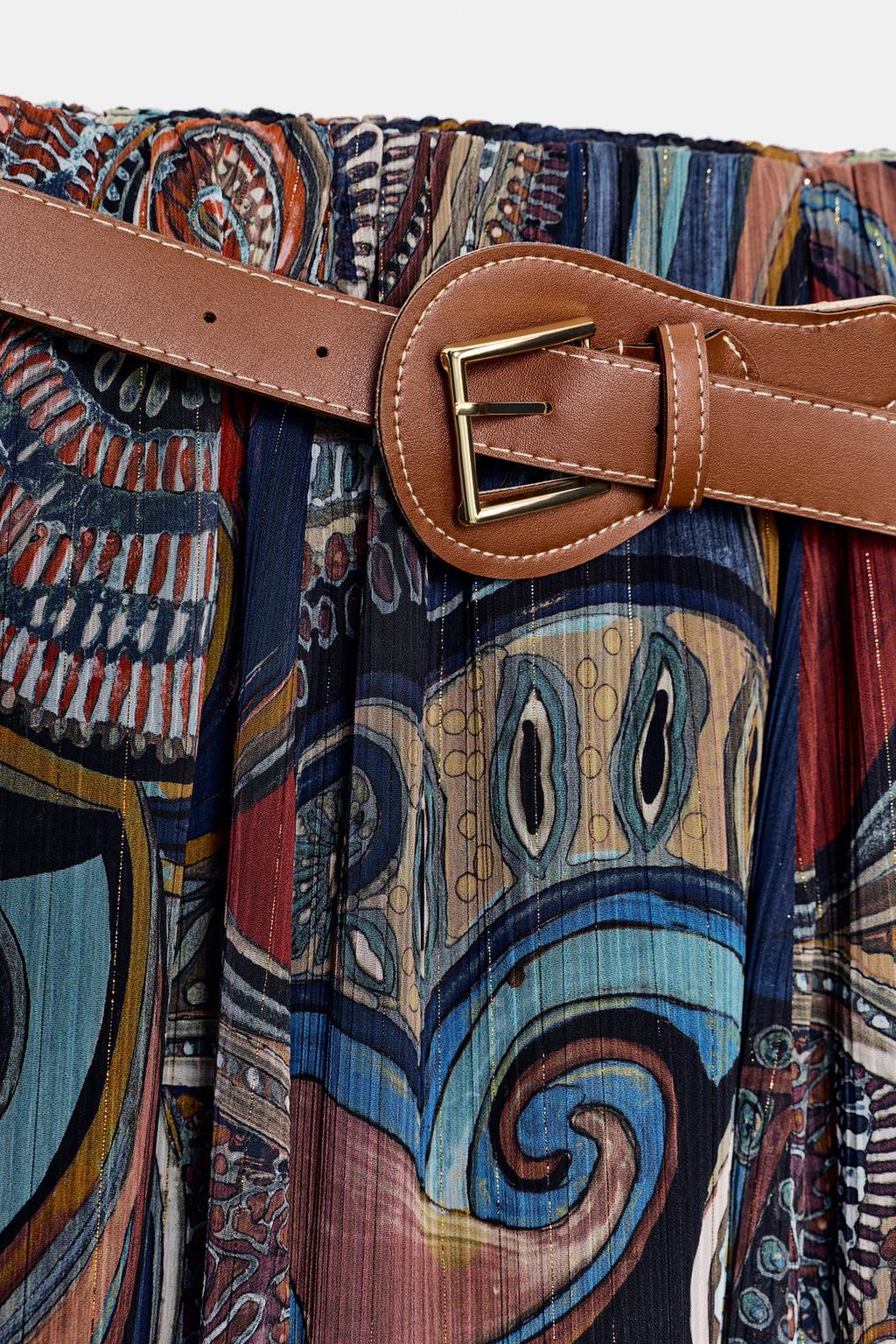 JUPE MI-LONGUE IMPRIMÉE AVEC FIL MÉTALLISÉ ET SANS CEINTURE