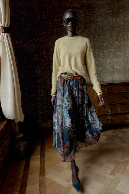 JUPE MI-LONGUE IMPRIMÉE AVEC FIL MÉTALLISÉ ET SANS CEINTURE