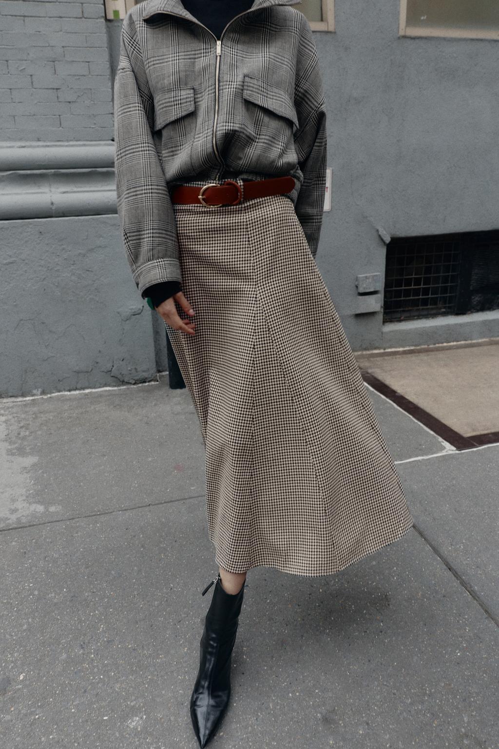 JUPE MI-LONGUE CAPE SANS CEINTURE PIED-DE-POULE