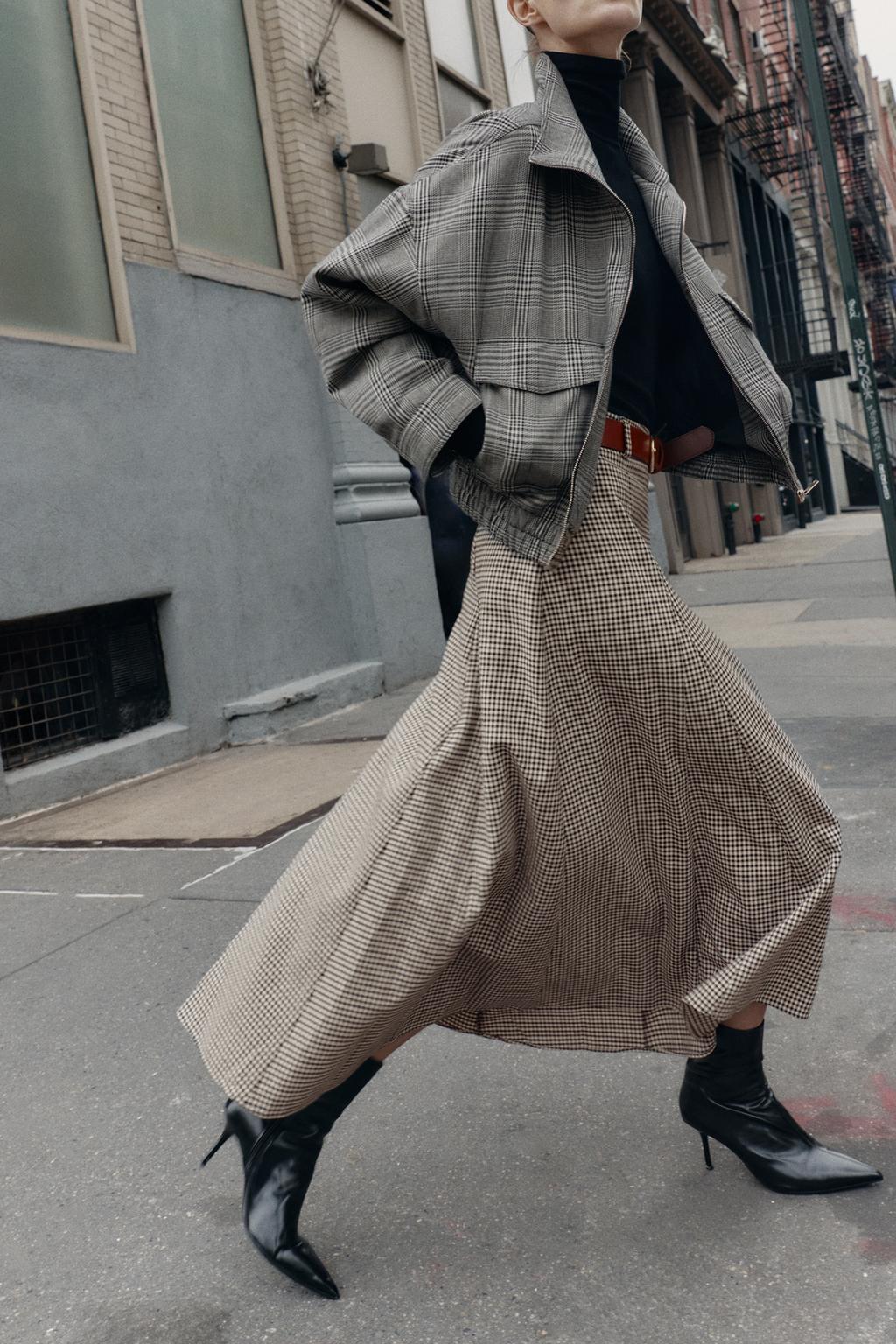 JUPE MI-LONGUE CAPE SANS CEINTURE PIED-DE-POULE