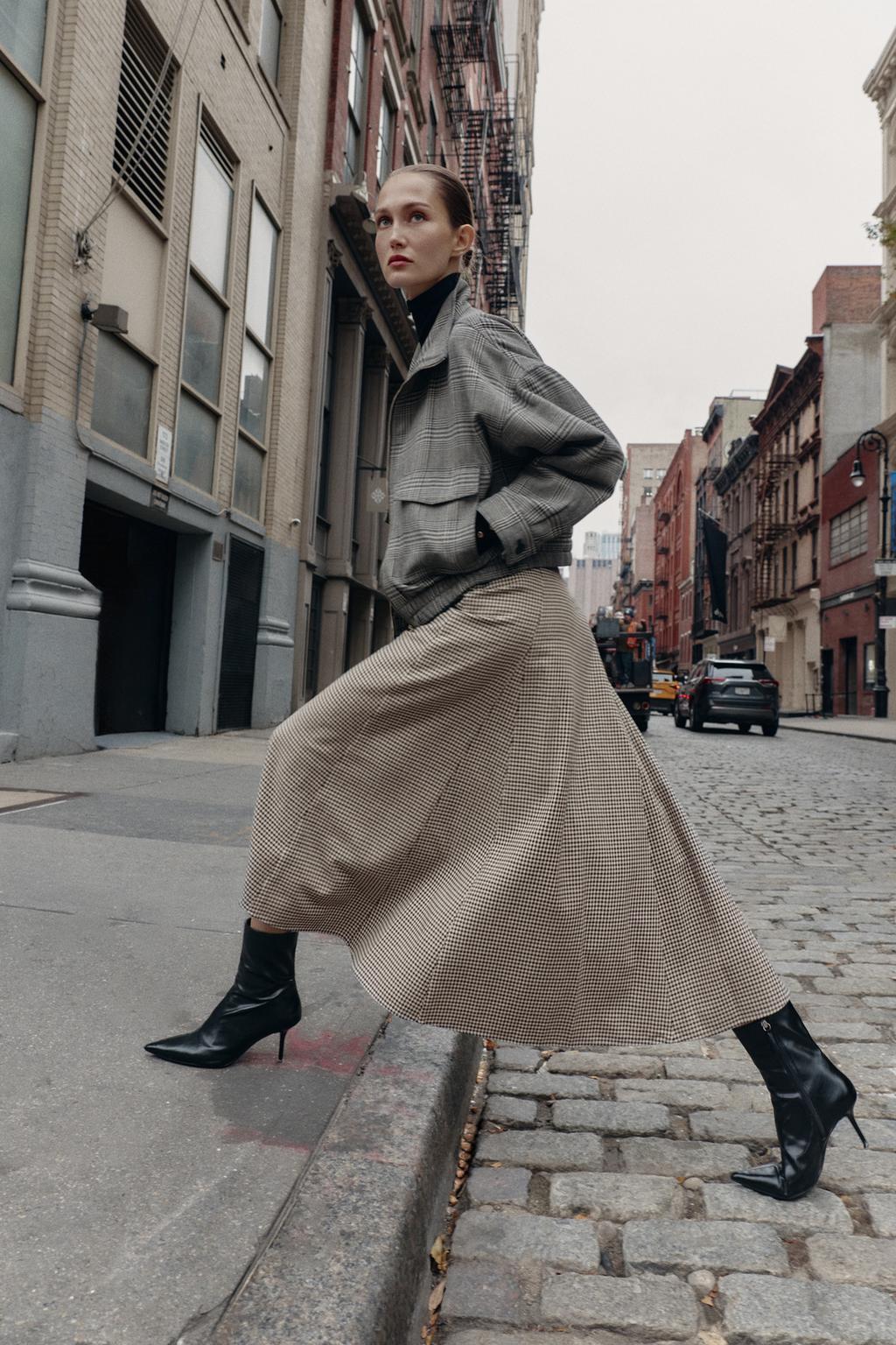 JUPE MI-LONGUE CAPE SANS CEINTURE PIED-DE-POULE