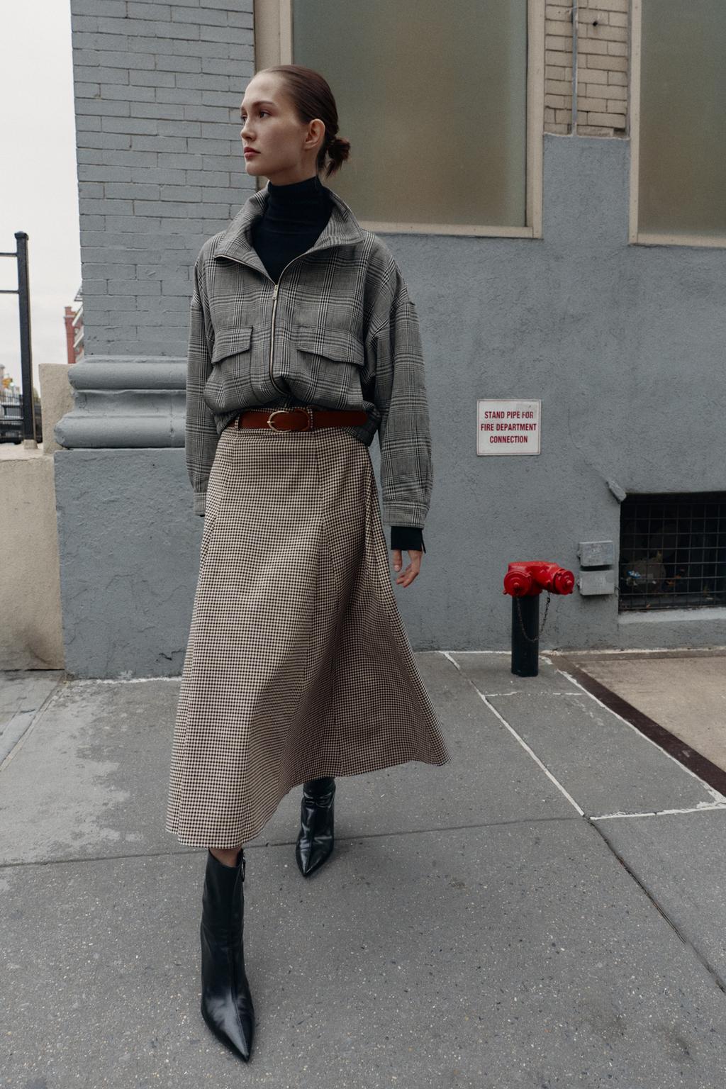 JUPE MI-LONGUE CAPE SANS CEINTURE PIED-DE-POULE