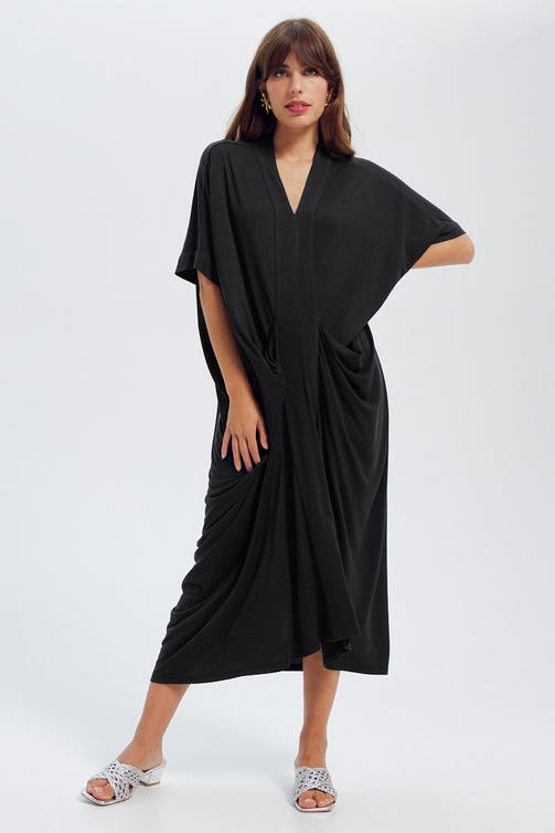 Robe Caftan Unie Noire Femmes Promod