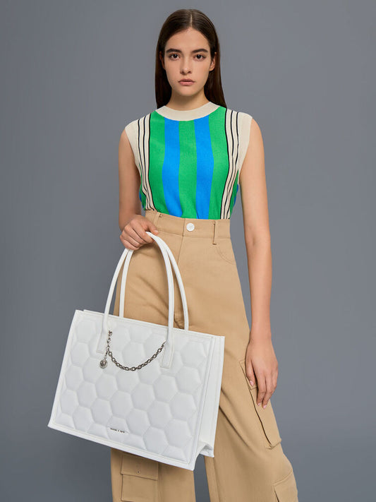 CHARLES & KHEITH Geometric Quilted Tote Bag Geometric Quilted Tote Bag - White