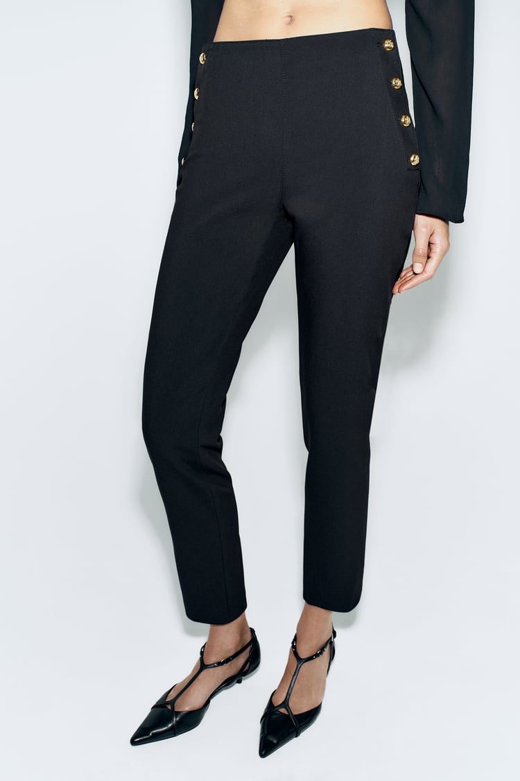 Pantalon Droit À Boutons Dorés Noir