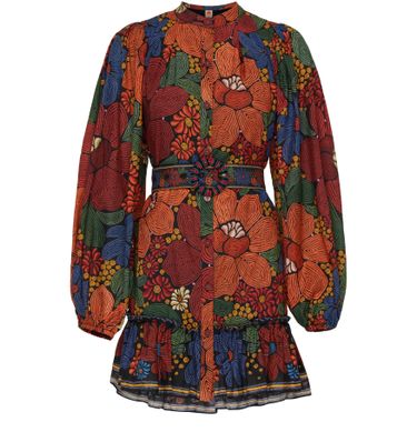 Farm Rio Robe Long-Sleeve Stitched Flowers Mini Sans Ceinture