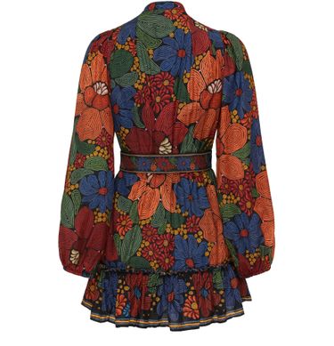 Farm Rio Robe Long-Sleeve Stitched Flowers Mini Sans Ceinture