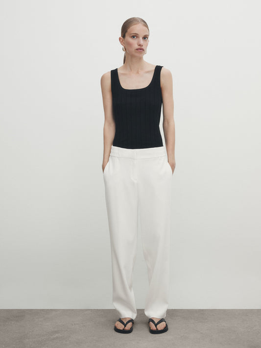 Pantalon Droit En Crêpe Massimo Dutti Blanc Cassé