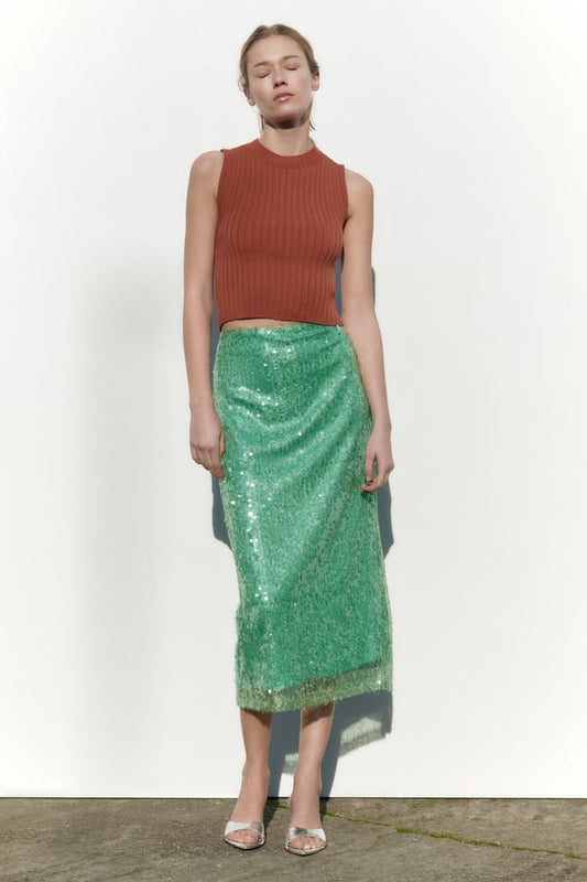 Jupe Droite À Sequins Green 💚