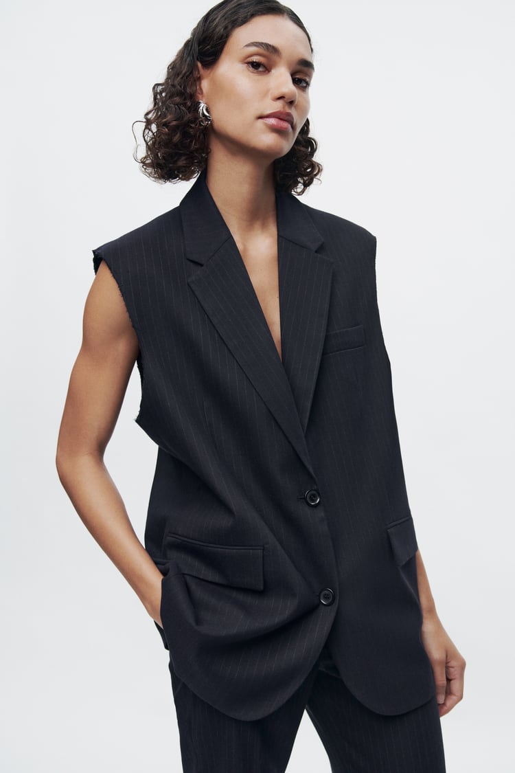 Ensemble Gilet Sans Manches Oversize /Pantalon À Rayures Fines Collection ZW