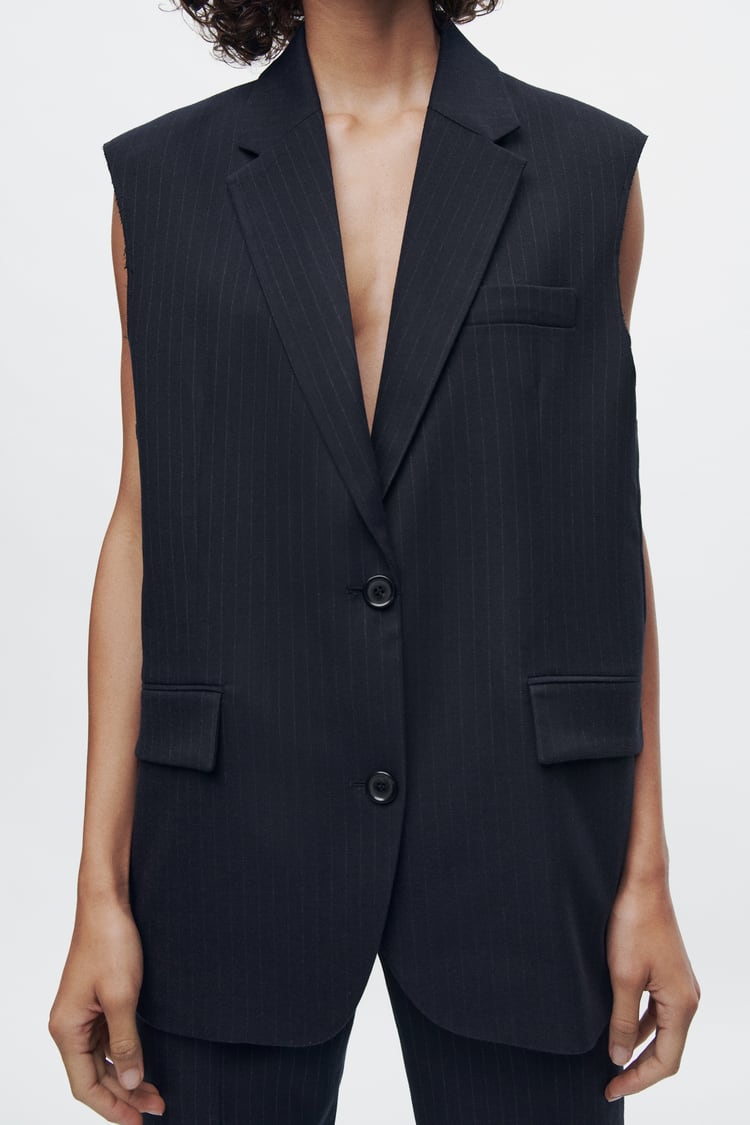 Ensemble Gilet Sans Manches Oversize /Pantalon À Rayures Fines Collection ZW