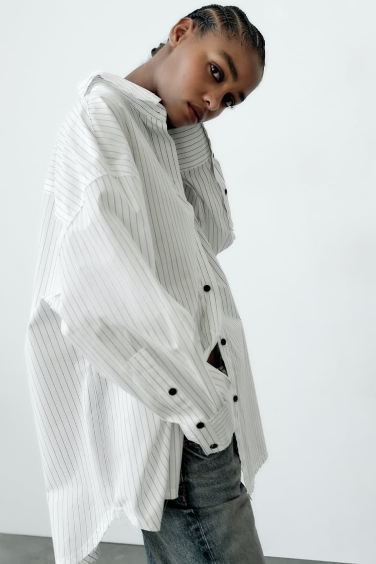 Chemise Oversize En Popeline Rayée Noir/Blanc