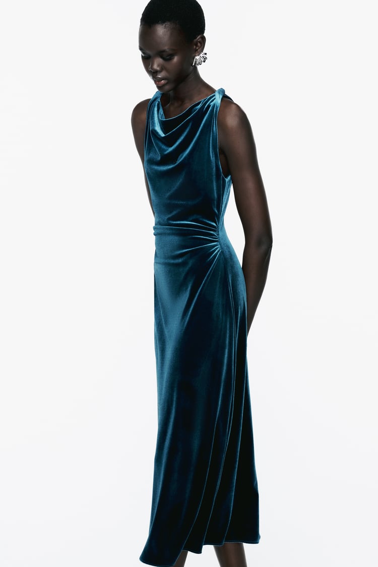 Robe Mi-longue En Velours Bleu Canard