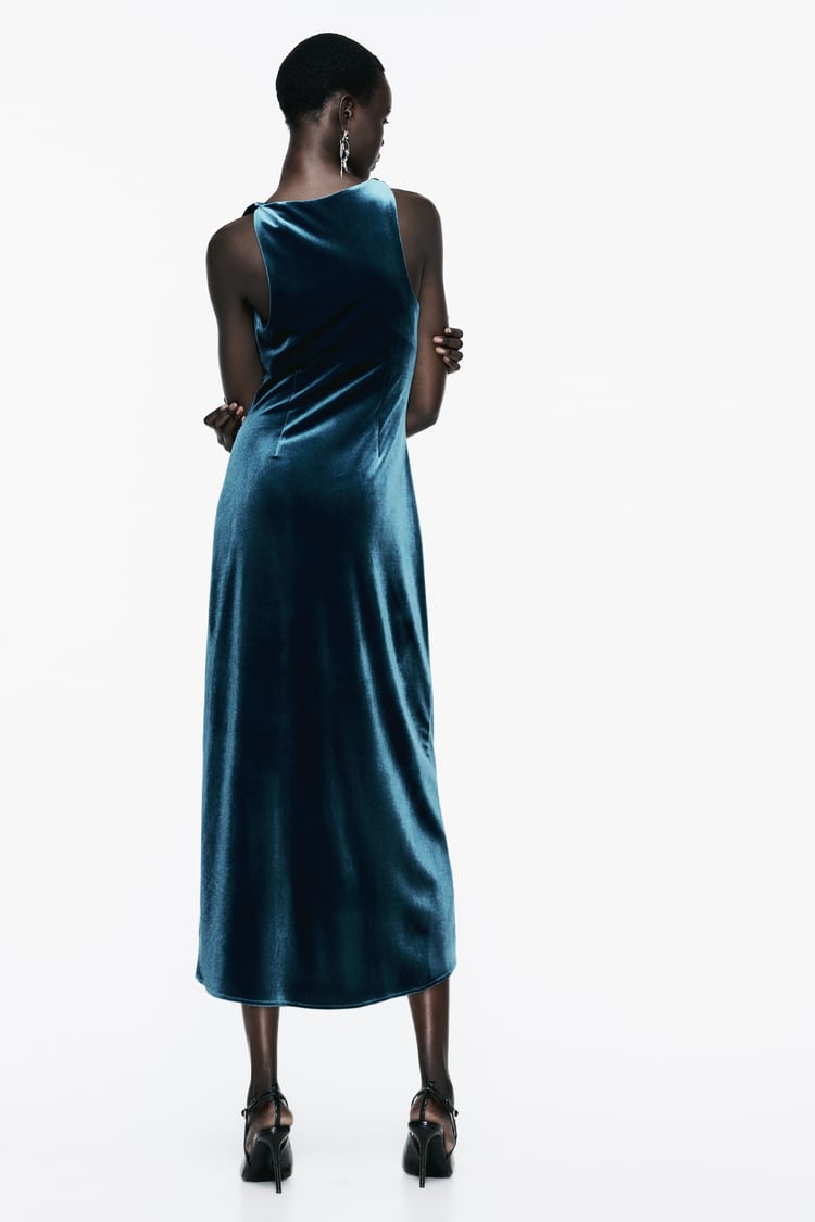 Robe Mi-longue En Velours Bleu Canard