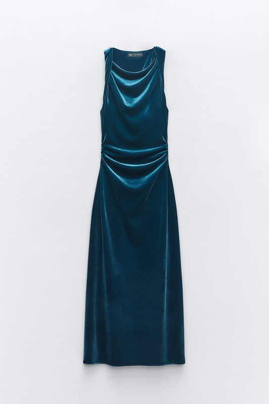 Robe Mi-longue En Velours Bleu Canard