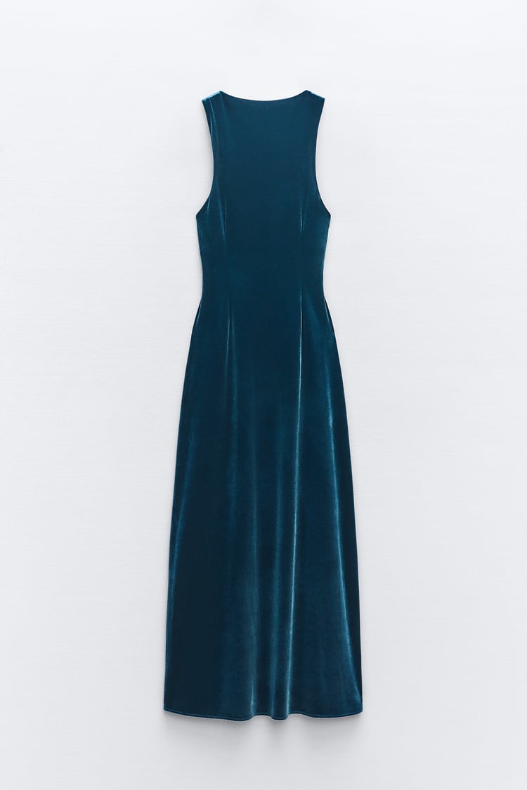 Robe Mi-longue En Velours Bleu Canard