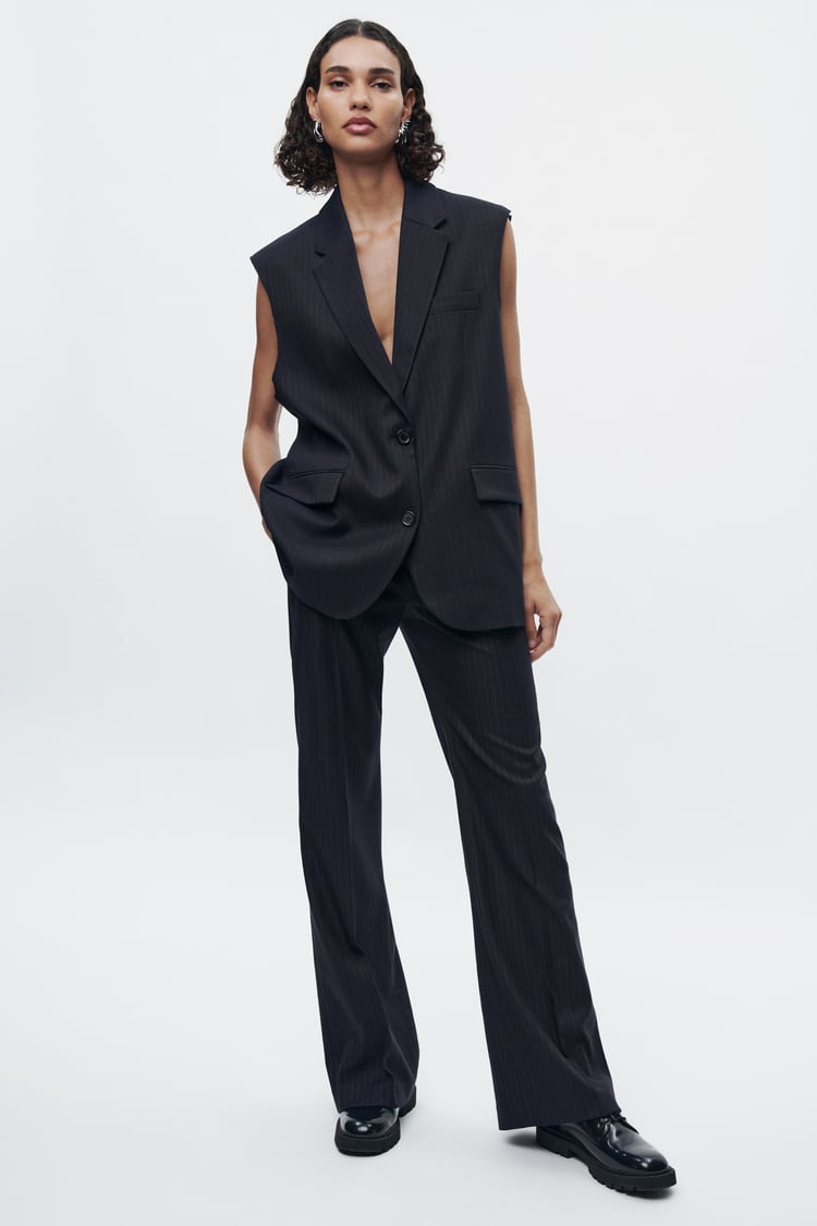 Ensemble Gilet Sans Manches Oversize /Pantalon À Rayures Fines Collection ZW