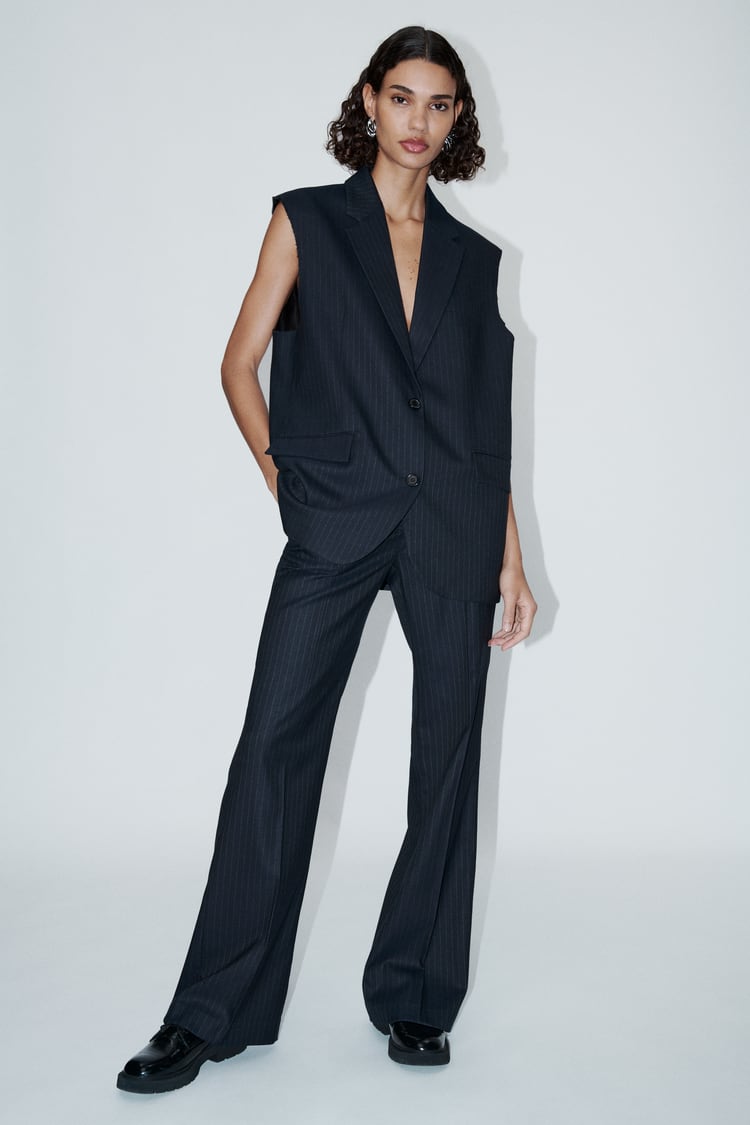 Ensemble Gilet Sans Manches Oversize /Pantalon À Rayures Fines Collection ZW