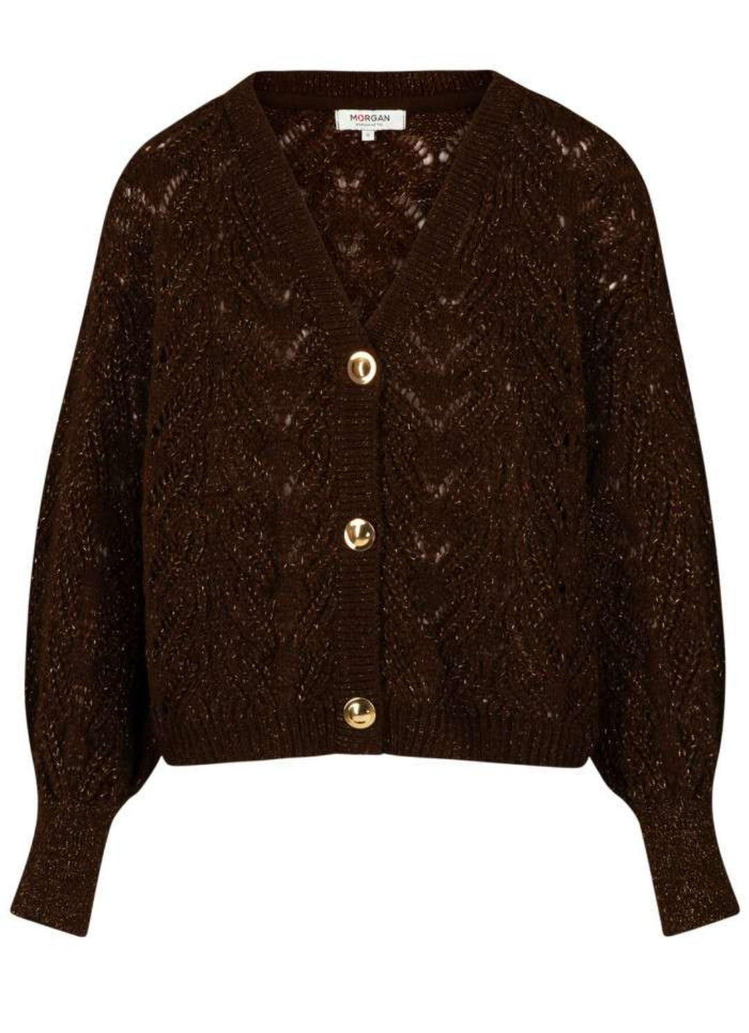 Cardigan Morgan Boutonné Chocolat En Maille Ajouré Avec Une Coupe Droite ET Col V