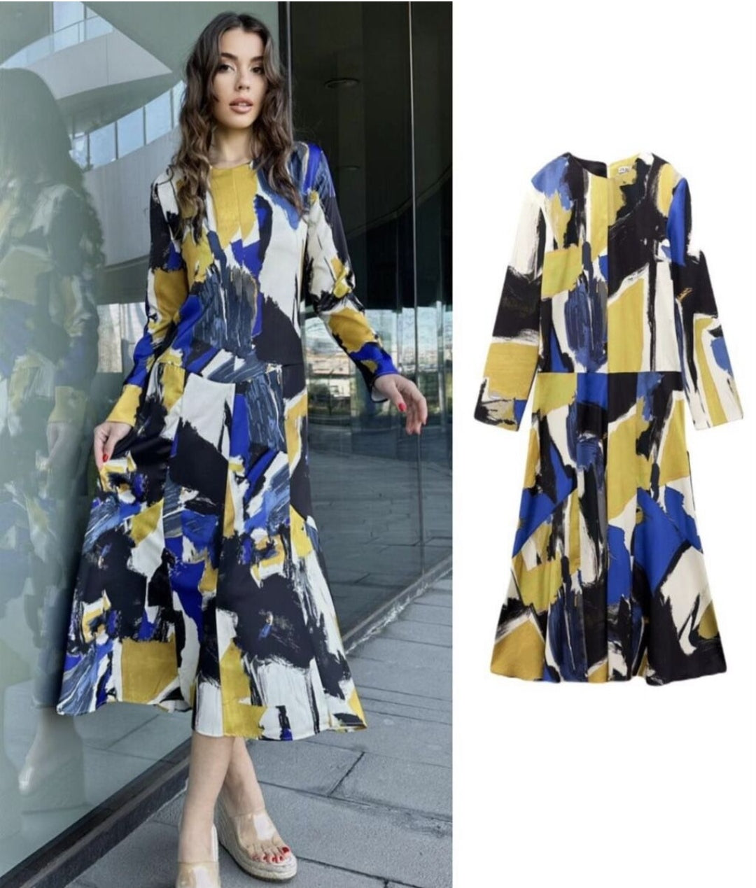 Robe Mi-longue Imprimée Multicolore Bleu/Jaune