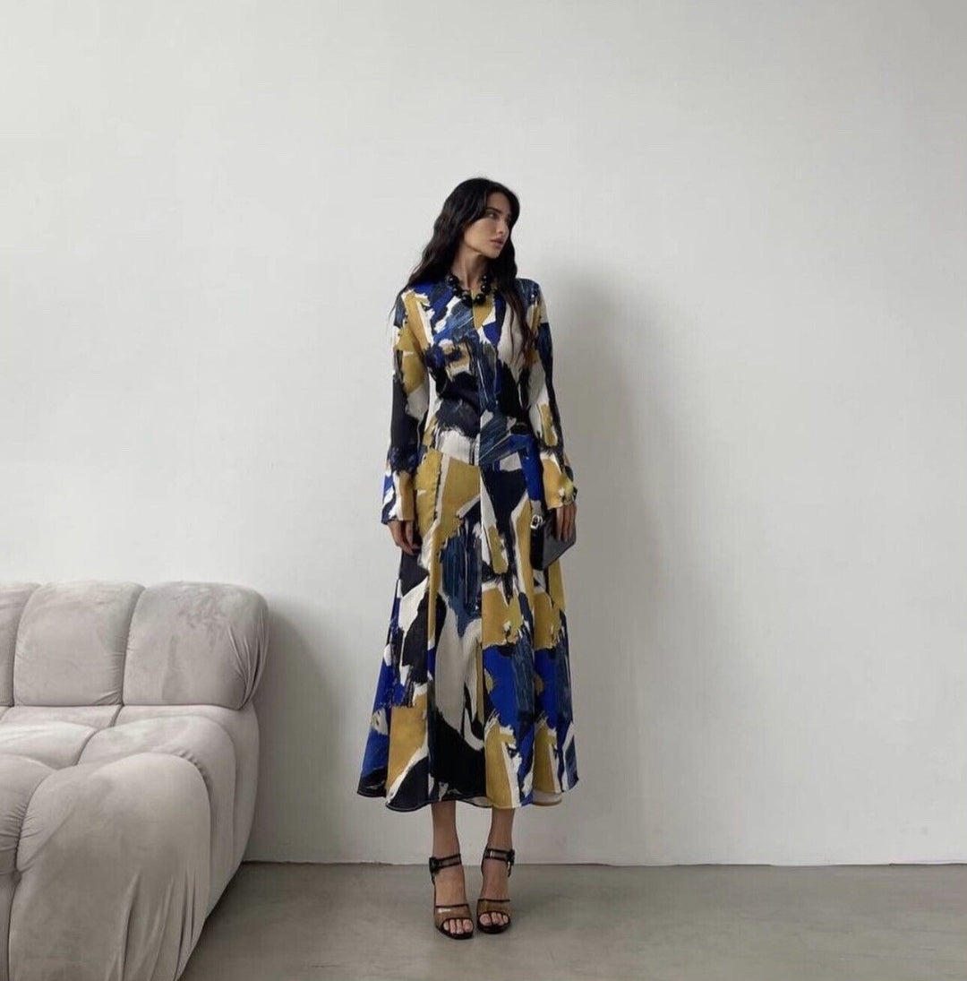 Robe Mi-longue Imprimée Multicolore Bleu/Jaune