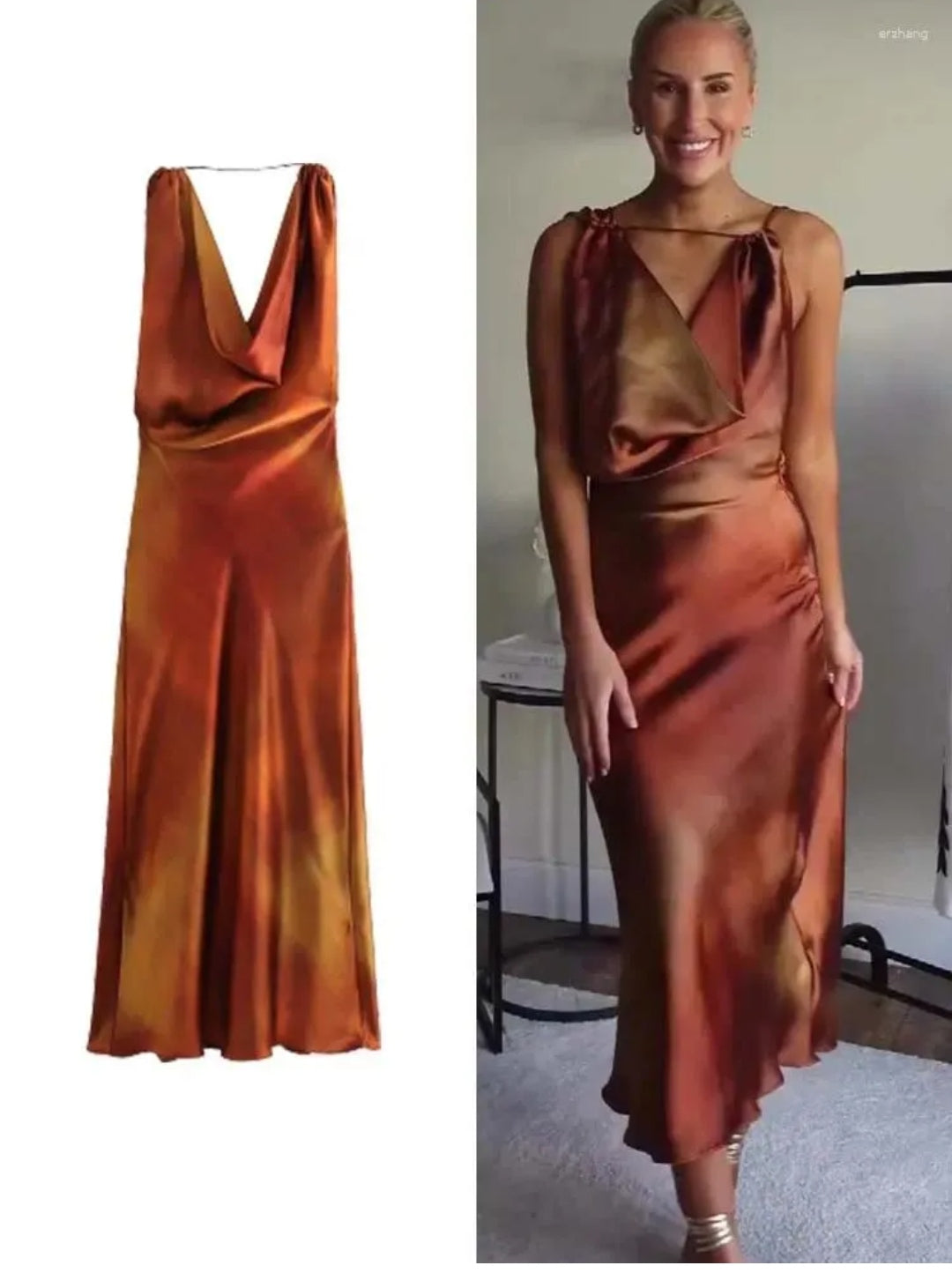 Robe En Satin Imprimée Ocre