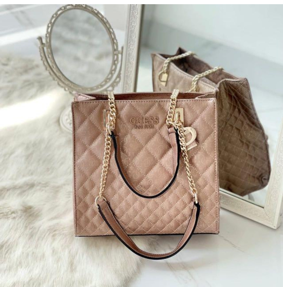 Sac Guess Style Cabas Cuir Brillant Avec Motif Signature Rosegold