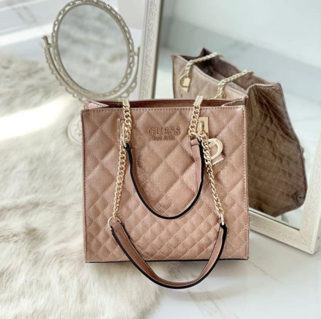 Sac Guess Style Cabas Cuir Brillant Avec Motif Signature Rosegold