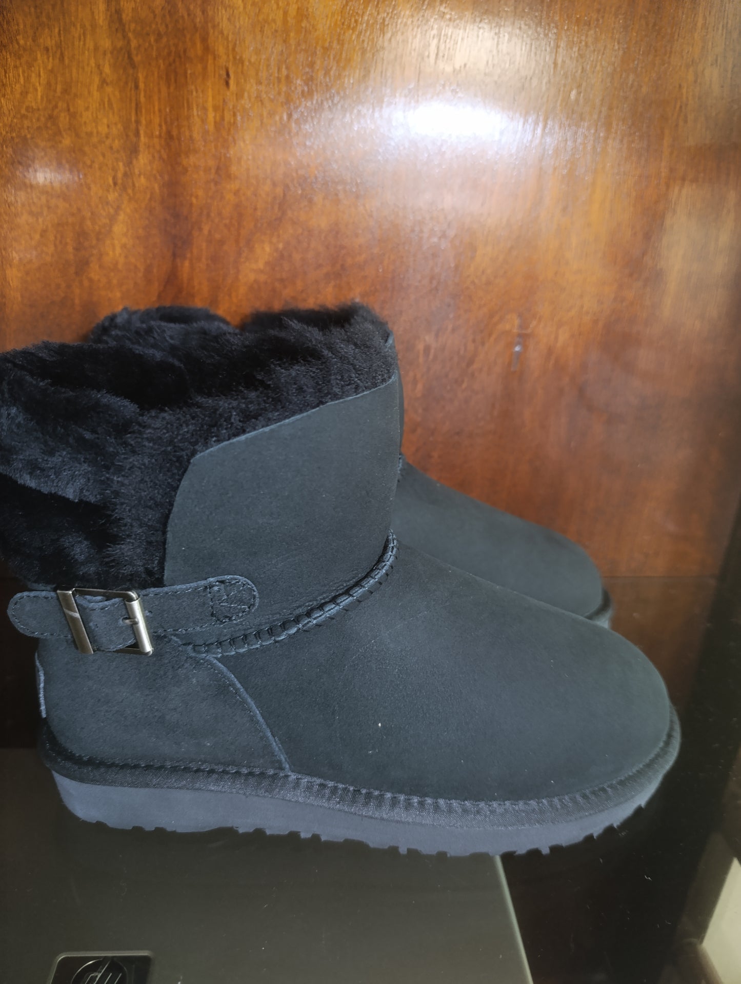 UGG CLASSIC MINI KAREN BUCKLE BLACK SHEEPSKIN BOOT