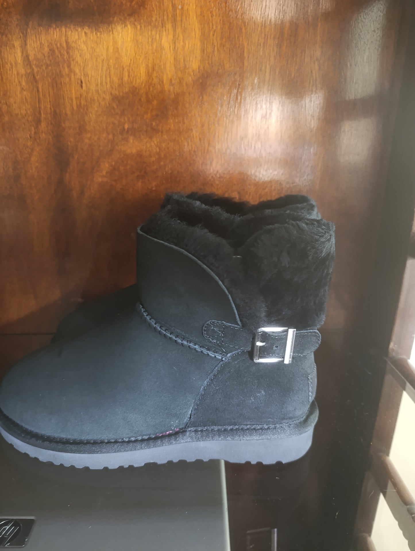 UGG CLASSIC MINI KAREN BUCKLE BLACK SHEEPSKIN BOOT