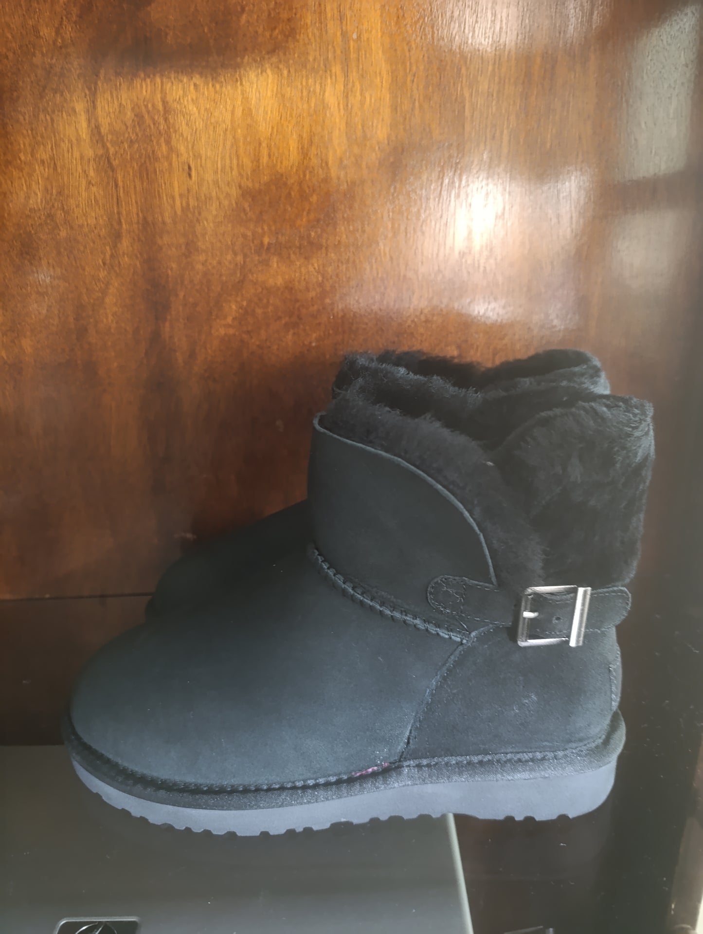 UGG CLASSIC MINI KAREN BUCKLE BLACK SHEEPSKIN BOOT