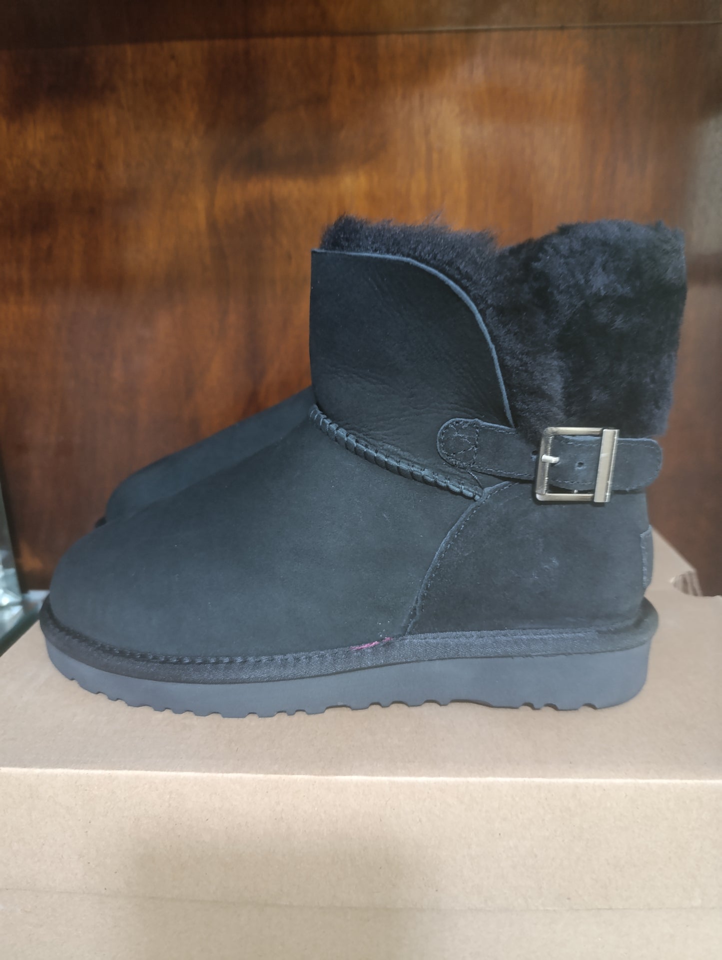 UGG CLASSIC MINI KAREN BUCKLE BLACK SHEEPSKIN BOOT