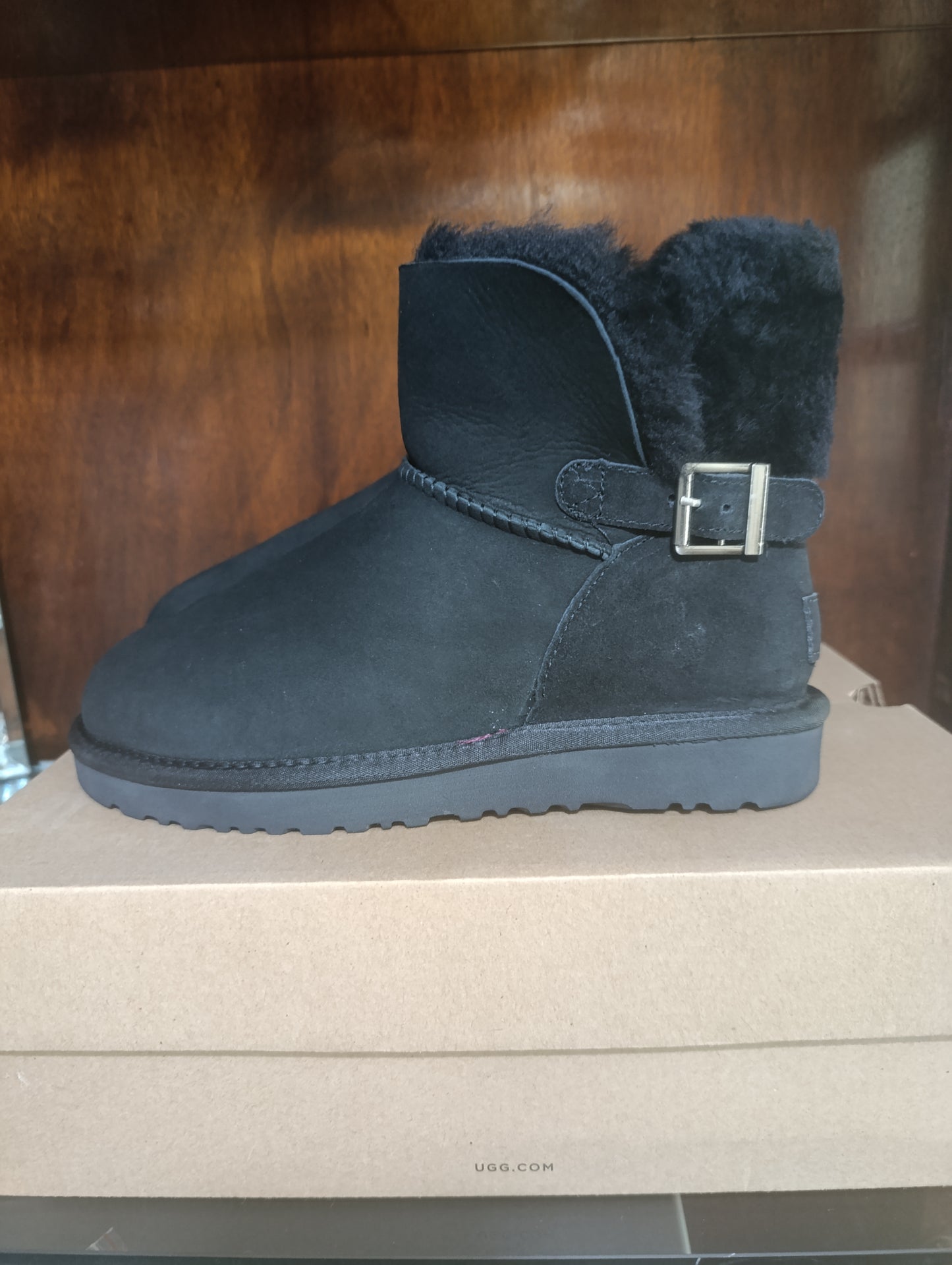 UGG CLASSIC MINI KAREN BUCKLE BLACK SHEEPSKIN BOOT