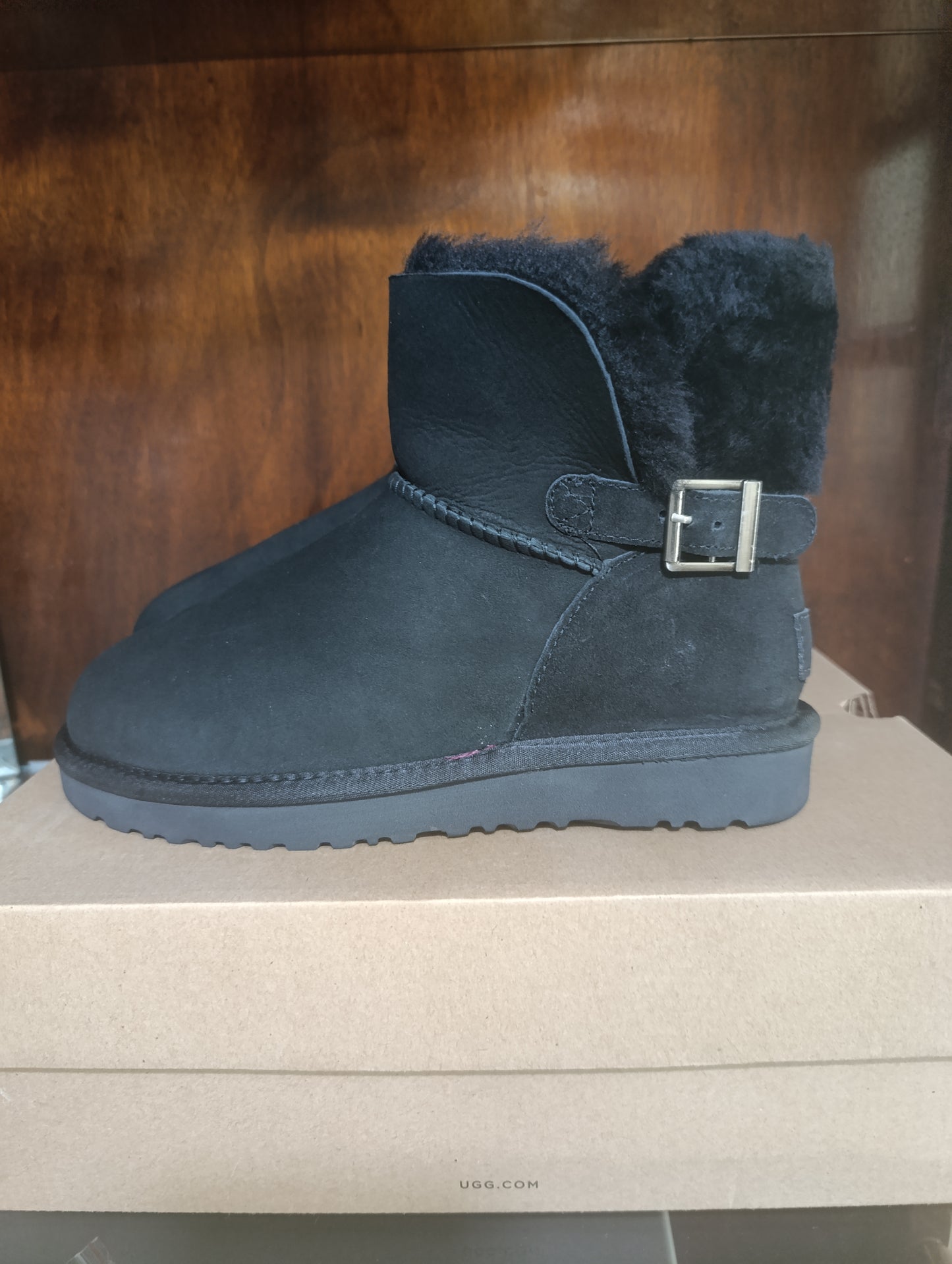 UGG CLASSIC MINI KAREN BUCKLE BLACK SHEEPSKIN BOOT