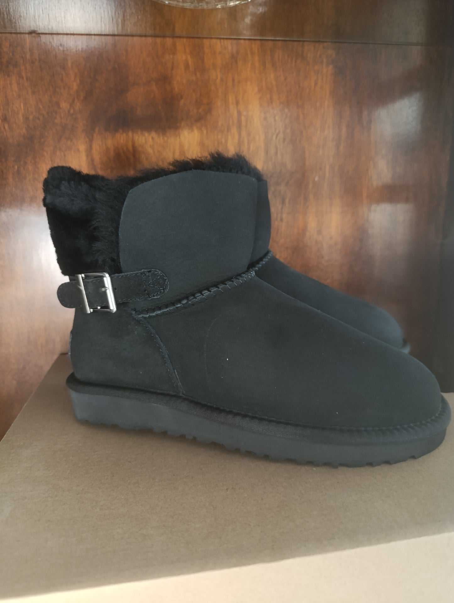 UGG CLASSIC MINI KAREN BUCKLE BLACK SHEEPSKIN BOOT