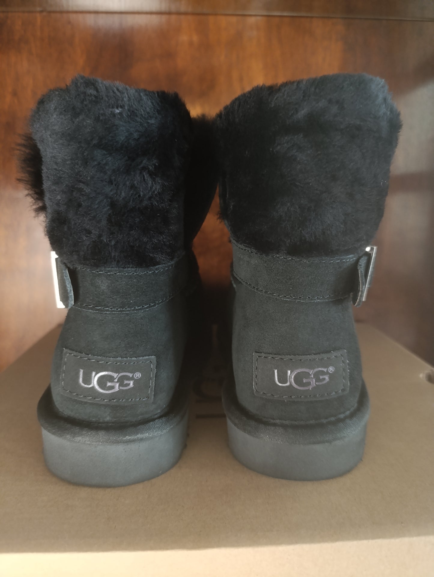 UGG CLASSIC MINI KAREN BUCKLE BLACK SHEEPSKIN BOOT