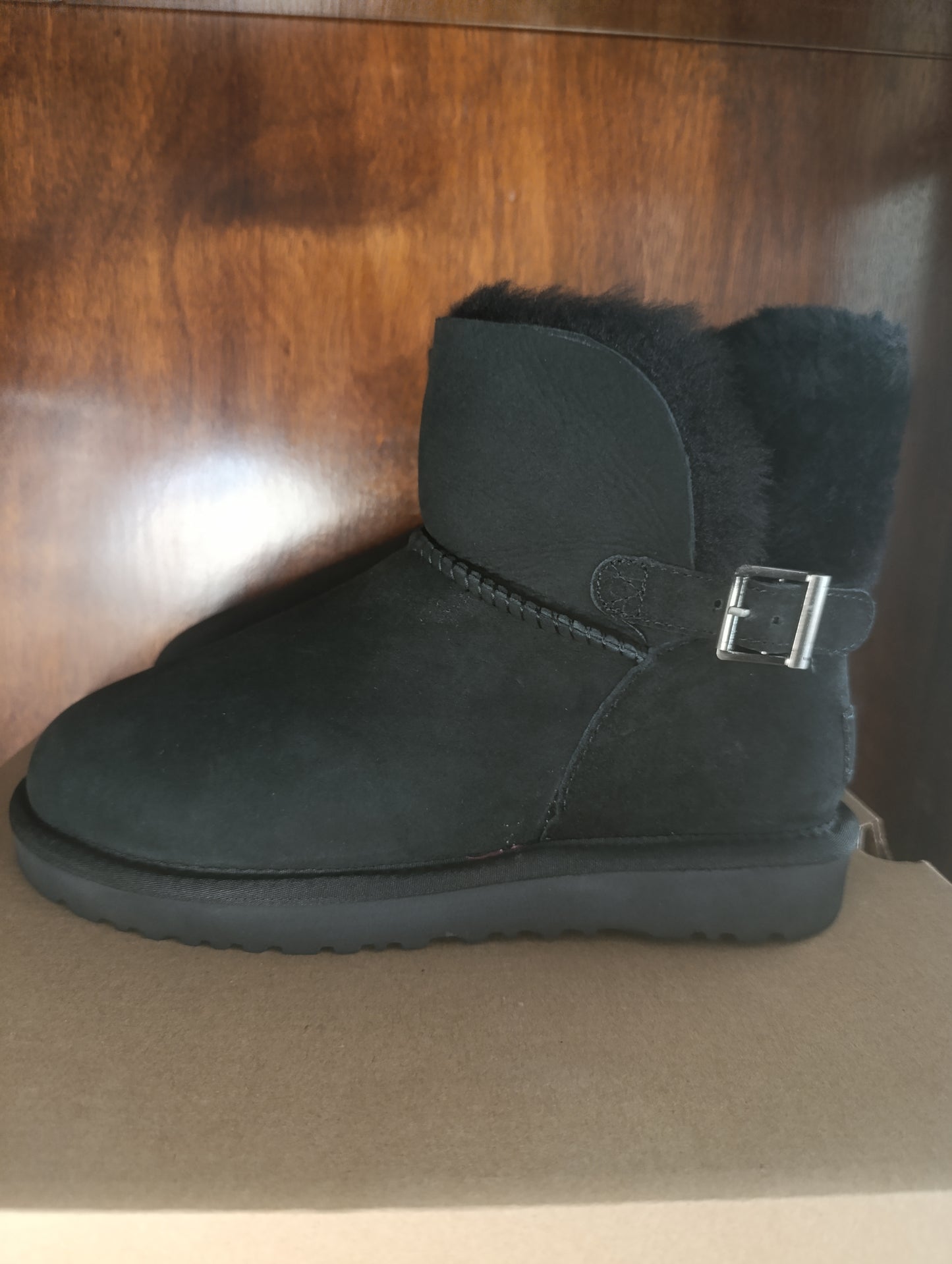 UGG CLASSIC MINI KAREN BUCKLE BLACK SHEEPSKIN BOOT