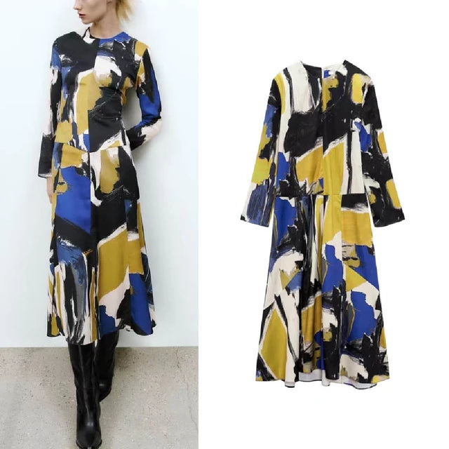 Robe Mi-longue Imprimée Multicolore Bleu/Jaune