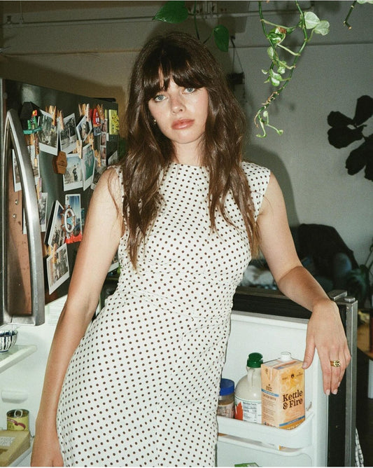ROBE POLKA DOT MIDI WITH DRAPED WAIST
