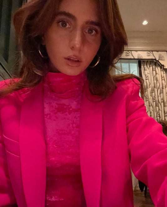 VESTE À COL SMOKING AVEC CEINTURE FUSHIA