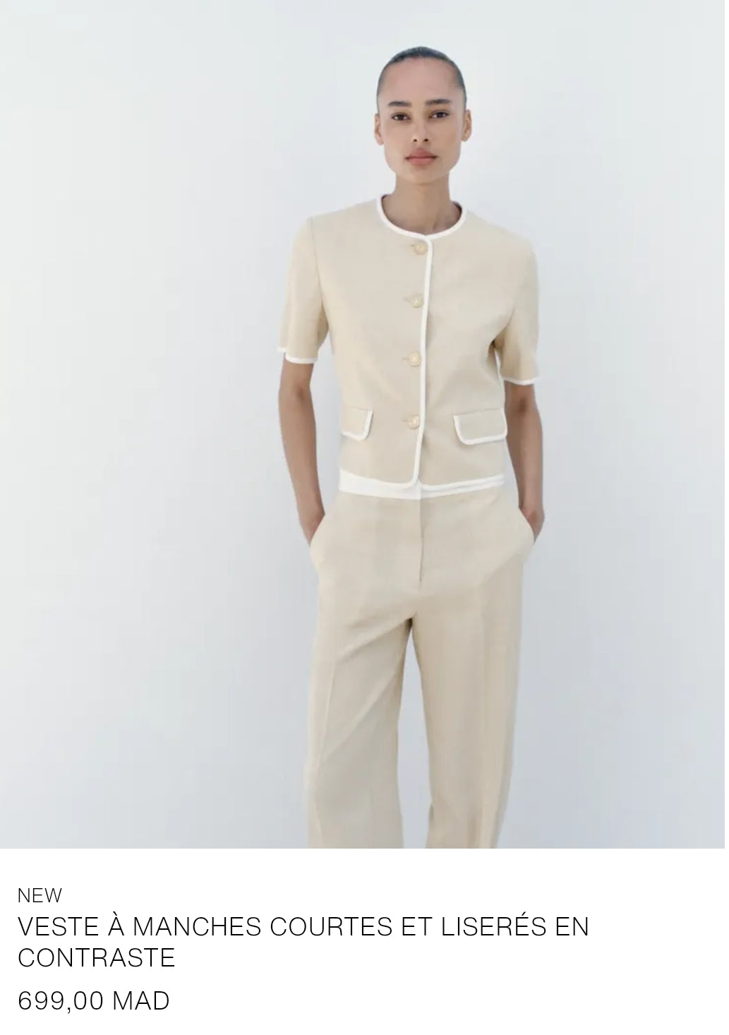 ENSEMBLE VESTE À MANCHES COURTES ET LISERÉS EN CONTRASTE | PANTALON DROIT EN LIN À TAILLE CONTRASTÉE