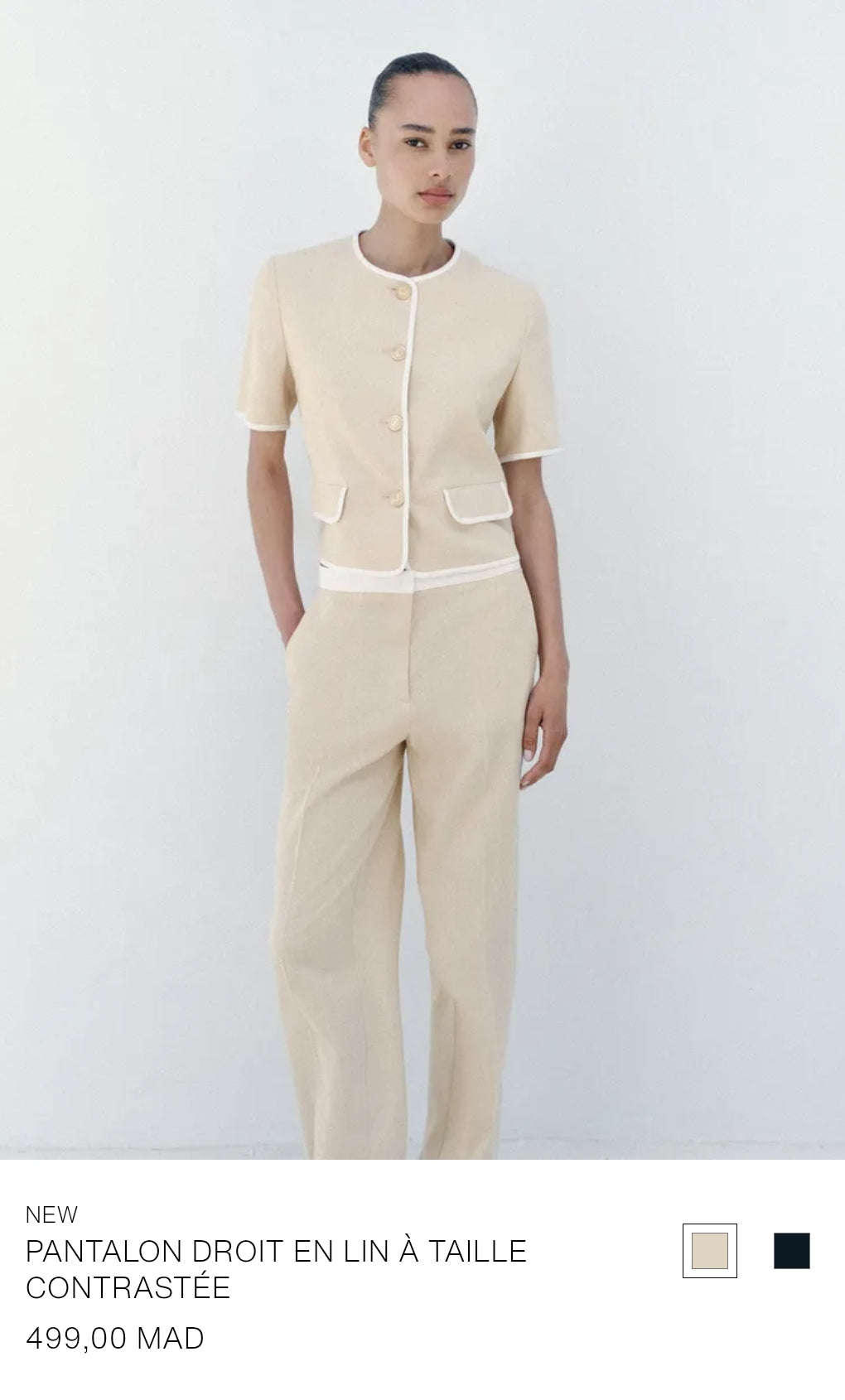 ENSEMBLE VESTE À MANCHES COURTES ET LISERÉS EN CONTRASTE | PANTALON DROIT EN LIN À TAILLE CONTRASTÉE